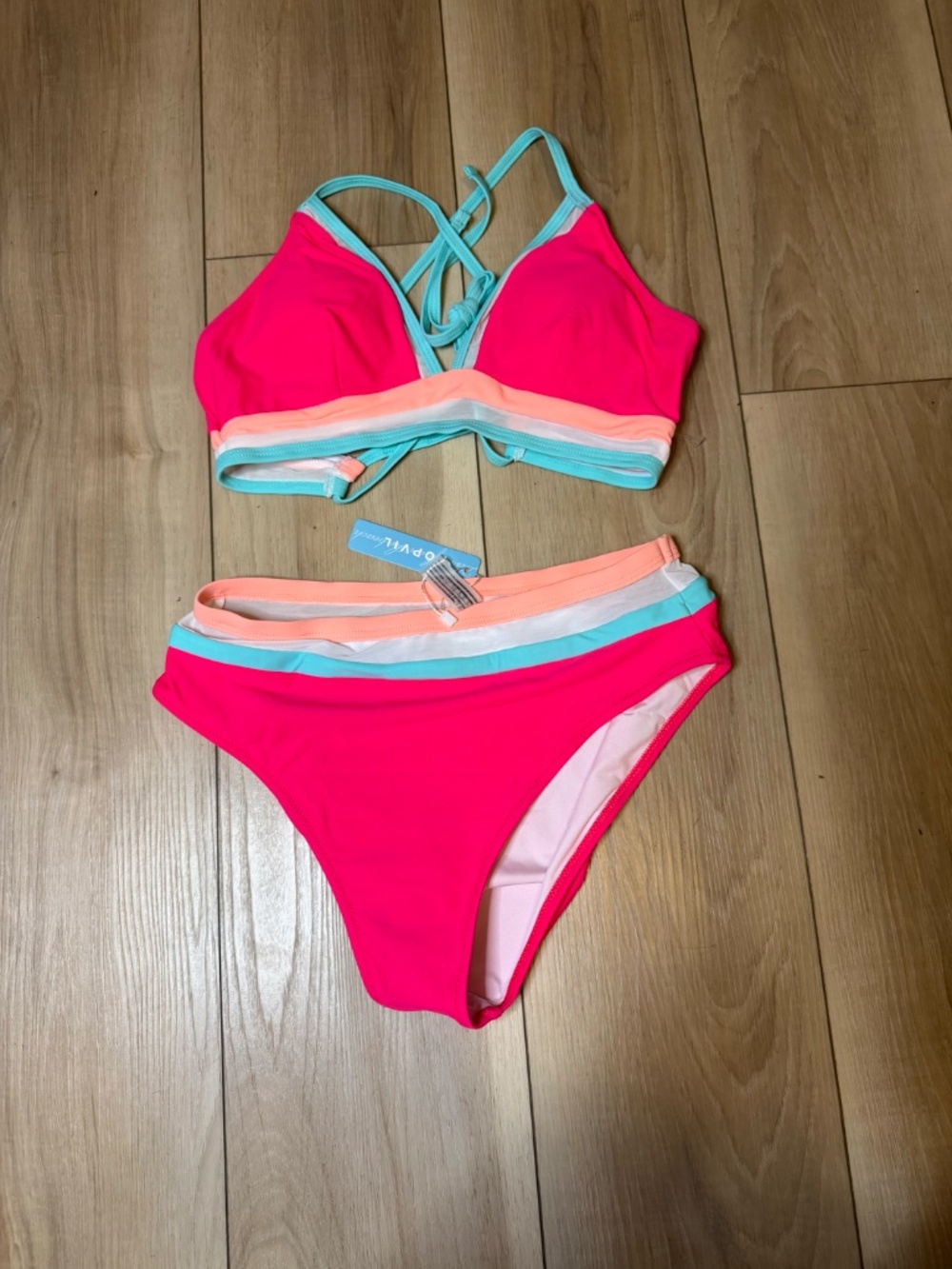 Neon Pink Bikini Set POPVIL Size Small Colorblock Bright Summer Swim NWT - Picture 2 of 4